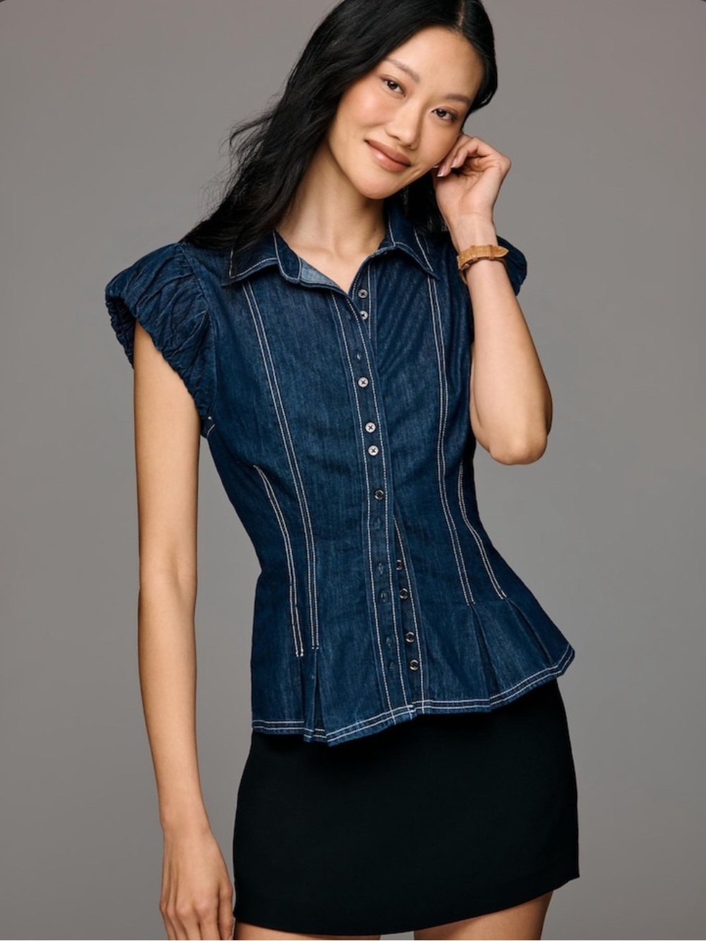 📌 Anthropologie Blue Pilcro Puff Sleeve Denim Top